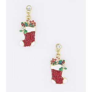 Gold Plated Red Crystal Christmas Stocking Drop Earrings